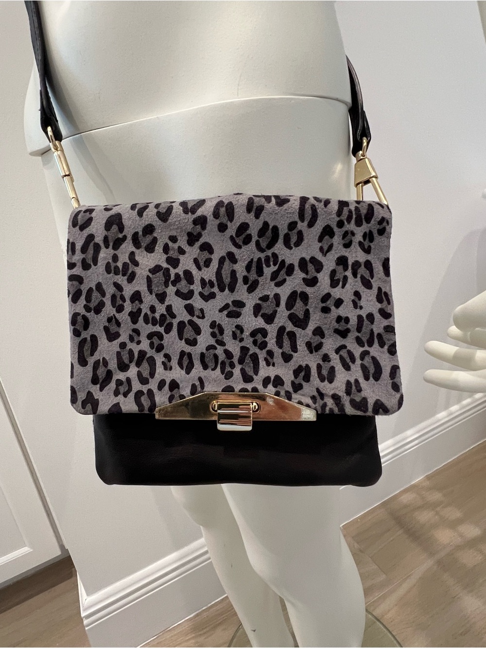 NWT Vintage Ann Taylor Leopard Print & Black Leather Crossbody Grey Square Bag